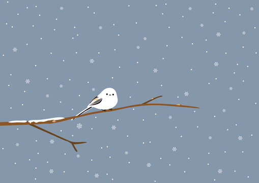 雪の中の枝にいる一羽のシマエナガのイラスト