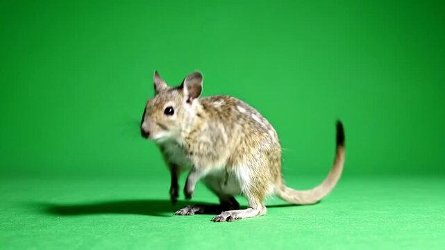 A small, agile desert rodent, possibly a jerboa, stands attentively on a vibrant green screen background.