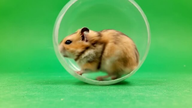A small, fluffy brown and white hamster running inside a transparent plastic exercise ball against a vibrant green background.