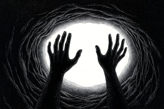 A graphic illustration in a scratchboard or woodcut aesthetic, using only black and an ivory hue. the primary subjects are two human hands