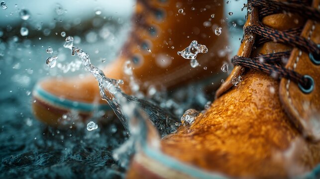 Close up macro of rain boots texture with water splash detail, waterproof footwear and rainy weather concept