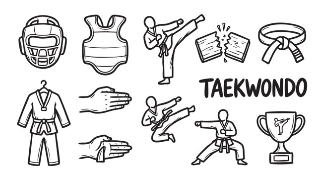 Taekwondo hand drawn outline doodle icon set, martial arts equipment and actions.