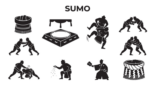 Sumo wrestling icons depicting wrestlers in action, traditional ring, belt, and referee.