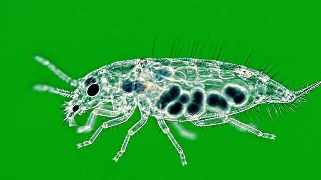 A translucent micro-arthropod, possibly a springtail, with visible internal organs, against a vibrant green background.