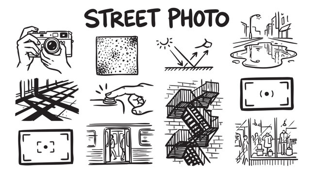 Street photography elements with hands holding camera, textured surfaces, light reflections, and urban scenes.