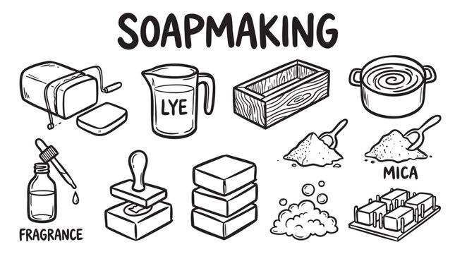 Soapmaking craft supply icon set including lye fragrance oils mica powder and wood soap mold.