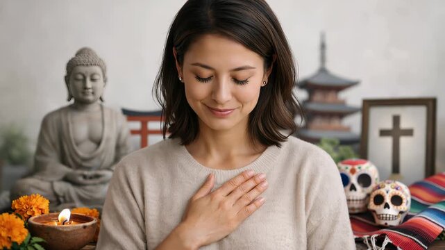 Woman practicing heart centered breathing and mindful meditation at a multicultural home altar, surrounded by spiritual symbols like Buddha statue, cross, candles, and marigolds.