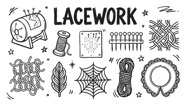Lacework and sewing tools hand drawn doodle style element collection.