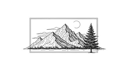 Obraz premium Hand-drawn mountain range with pine tree and moon, minimalist line art landscape