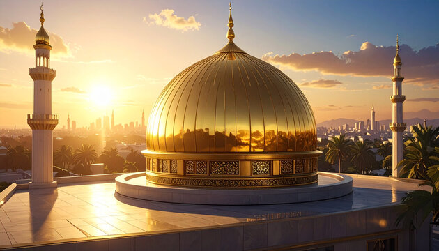 Golden mosque sunset panorama