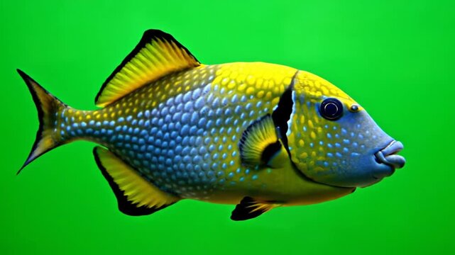 A vibrant yellow and blue triggerfish with intricate scales swimming in clear green water.