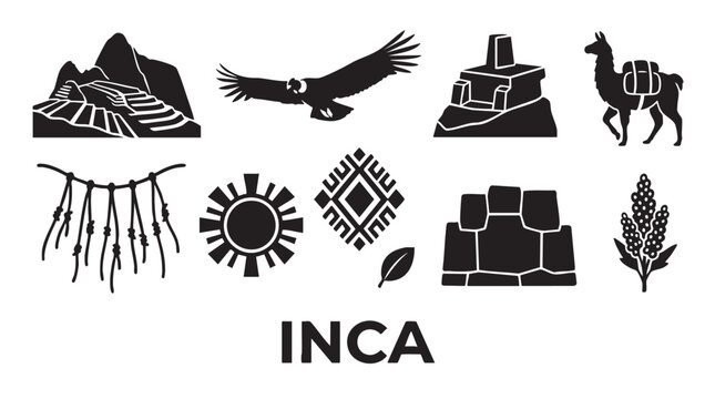 Inca civilization symbols and heritage icons set featuring machu picchu condor llama and traditional quipu ropes.