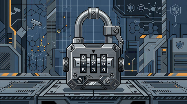 Combination lock on metal panel, industrial background, nobody, futuristic setting