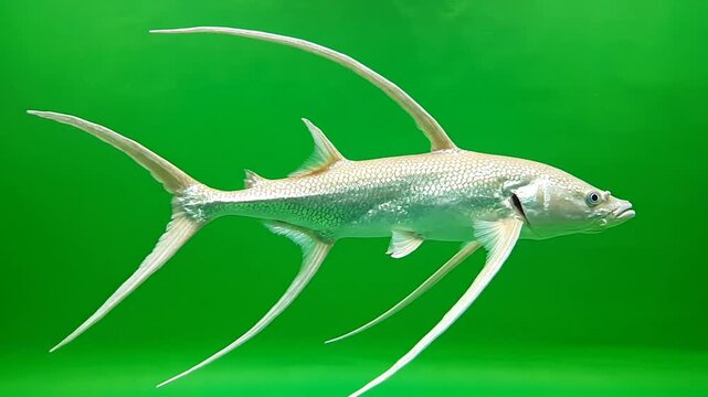 A detailed close-up shot of a silver Atlantic threadfin fish with long, flowing fins swimming in green water.