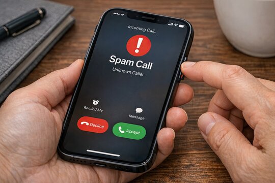 A person holding a cell phone with a spam call on the screen, a common issue in today's digital age