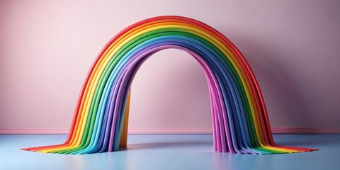 Fototapeta premium Joyful Spectrum Archway A vibrant, multicolored, flowing rainbow-shaped structure standing elegantly against a soft pink backdrop, creating a whimsical and cheerful scene.
