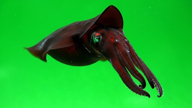 A striking close-up of a dark red vampire squid with large eyes and prominent fins, swimming against a vibrant green background in its deep-sea habitat.