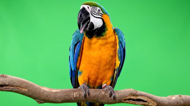 A vibrant blue and yellow macaw parrot perched on a tree branch against a bright green screen background.