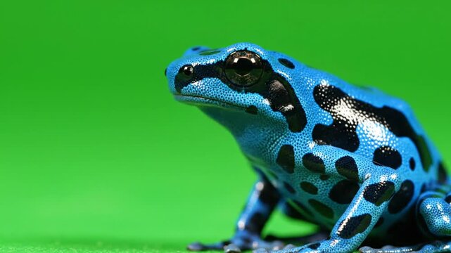 Vibrant blue poison dart frog with black spots on a bright green background, showcasing its striking coloration.