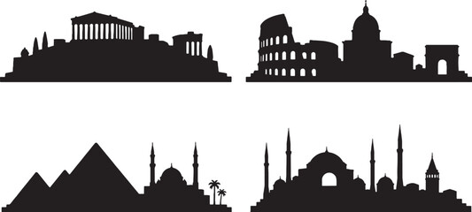 Obraz premium Simplified Historic City Skyline Silhouette Set Minimal Geometric Vector Illustration