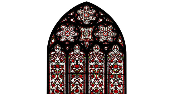 Gothic stained glass window rose and lancet design isolated on transparent background