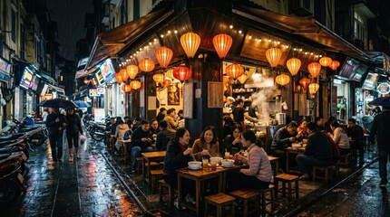 Obraz premium Vibrant Night Market Scene with Colorful Lanterns and Busy Street Food Stalls in Asia
