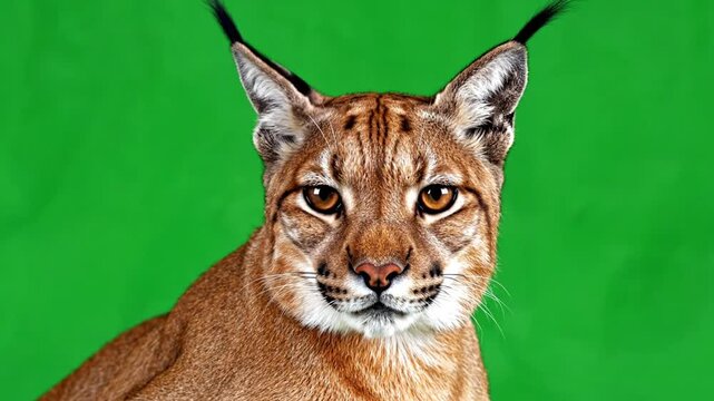 A close-up portrait of a caracal, a wild cat with distinctive long, tufted ears and reddish-brown fur, against a vibrant green background.