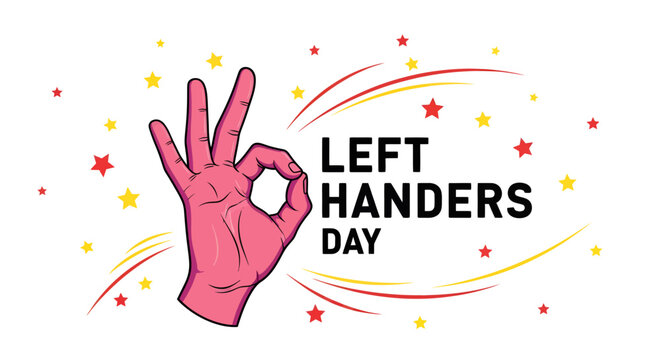 A festive and creative illustration celebrating Left Handers Day, featuring an "OK" hand gesture in a glove. Perfect for social media posts, greeting cards, or commemorative design.
