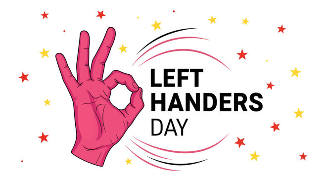 A festive and creative illustration celebrating Left Handers Day, featuring an "OK" hand gesture in a glove. Perfect for social media posts, greeting cards, or commemorative design.