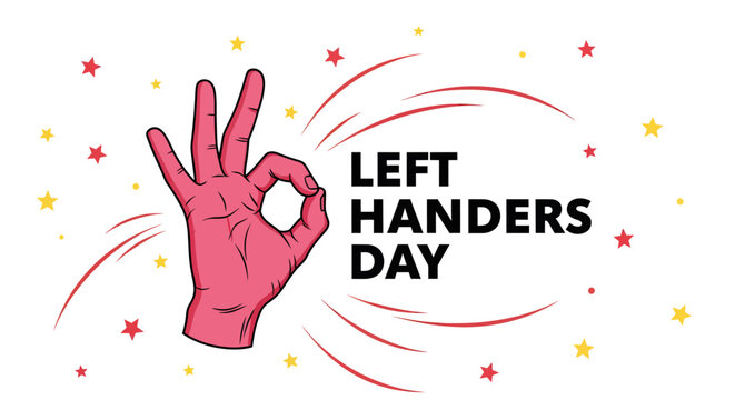A festive and creative illustration celebrating Left Handers Day, featuring an "OK" hand gesture in a glove. Perfect for social media posts, greeting cards, or commemorative design.