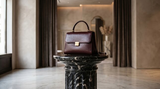 Stylish leather handbag displayed on elegant marble pedestal in luxurious modern interior space
