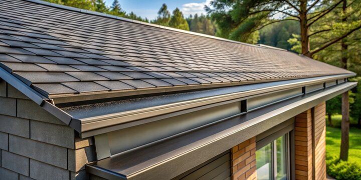 Modern home exterior showcasing a newly installed dark gray asphalt shingle roof and seamless dark brown gutter system against a backdrop of lush green trees