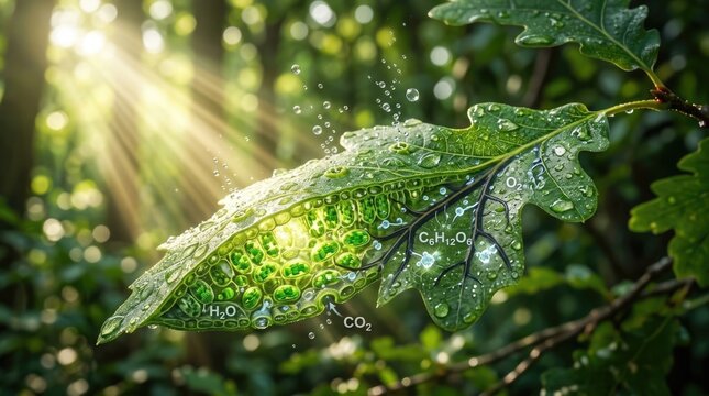 Leaf performing cellular photosynthesis, converting natural sunlight, water, carbon dioxide into vital glucose, oxygen, within microscopic chloroplast, thylakoid structures.