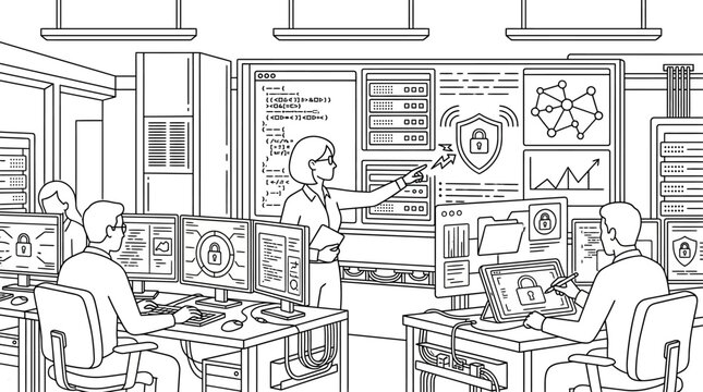 Cybersecurity Operations Center Team Working on Data Protection and Network Security, SOC Team Monitoring Information Systems Line Art Illustration