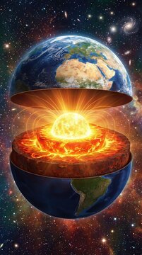 Planet earth, geological structure revealing distinct internal layers, molten outer core, solid inner component, dynamic mantle, crust formation, immense heat generation, planetary geosphere