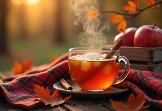 Rustic Autumn Market Apple Cider and Cinnamon Stick in Captivating Fall Scene