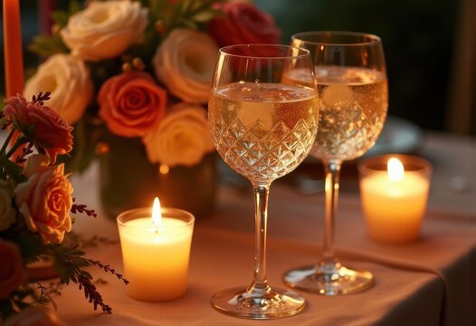 Sensational Candlelit Dinner with Crystal Wine Accents Warmth and Lush Decorations