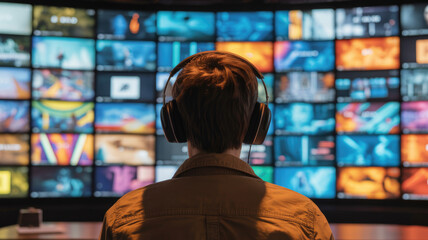 Fototapeta premium Person wearing headphones watching colorful video screens in dark entertainment room