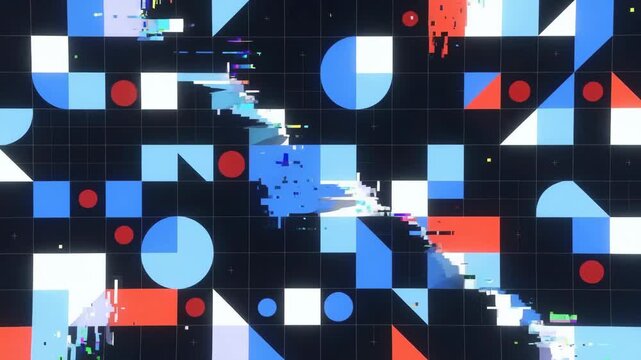 Abstract geometric shapes with glitch style on dark grid background, concept of digital chaos expression theme
