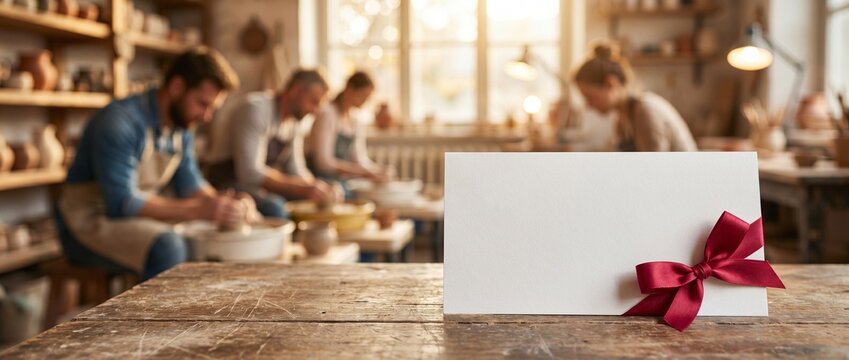 Blank white gift card mockup with a red bow on a rustic wooden table. Blurred background of focused people working with clay in a warm cozy pottery studio. Art class voucher or masterclass banner conc