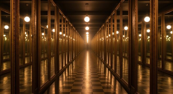 Hallway of mirrors with lights