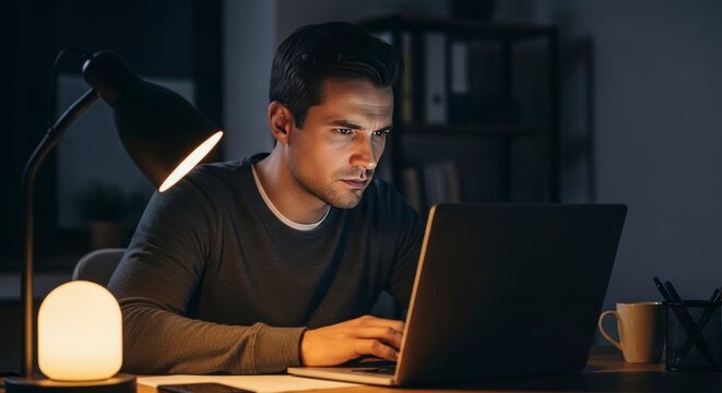 Man werkt 's nachts op zijn laptop bij een zachte bureaulamp in zijn thuiskantoor.