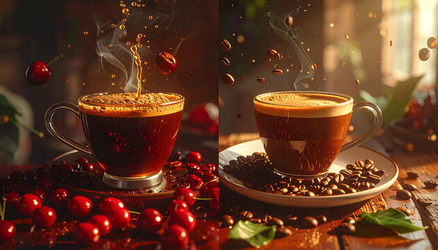 Een dampende kop koffie met koffiebonen.