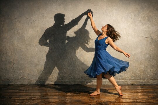 A woman wearing a blue dress dances in a joyful moment, suitable for use as a background or illustration