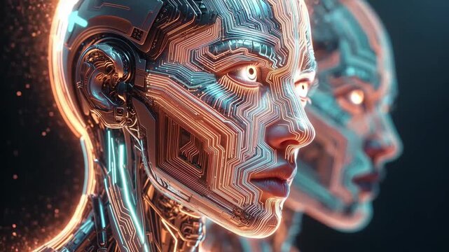 Humanoid robotic face with glowing circuitry shown in detailed digital style on dark background, concept of advanced technology