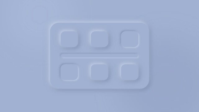 Minimalist 3D neumorphic medical pill blister pack icon animation on a soft blue background for pharmacy and health care UI design.