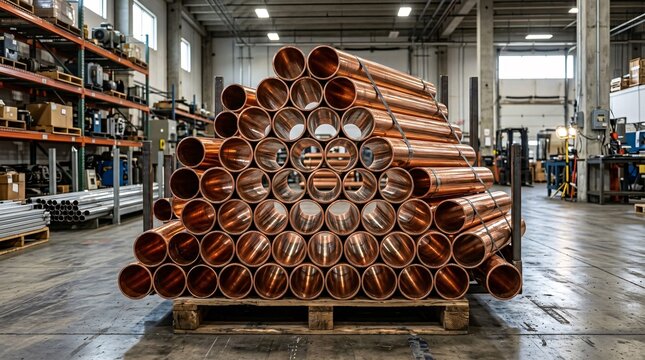 Stack of gleaming copper industrial pipes is arranged in a precise geometric pattern within a warehouse setting, showcasing striking metallic reflections.