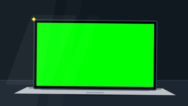 Laptop computer with green screen chroma key display and light glares on a dark minimalist background for digital mockup and video editing presentation.