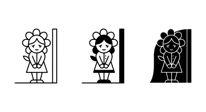 Sad Girl Flower Icon Set, Vector Art, Emotional Expression, Simple Line Graphics