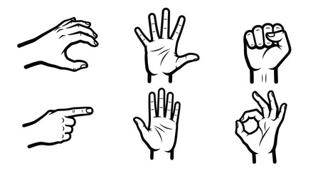 Fototapeta premium Collection of Six Hand Gestures Icons: Open Palm, Pointing, Fist, OK Sign